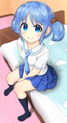 Rule 34 | 1girl, absurdres, bed, between legs, black socks, blue eyes, blue hair, blue necktie, blue skirt, blush, collarbone, collared shirt, commentary request, eyelashes, full body, hand between legs, highres, indoors, looking at viewer, naganohara mio, necktie, nichijou, on bed, rasuku (rusk trinity), shirt, short sleeves, short twintails, sidelocks, sitting, skirt, smile, socks, solo, twintails, white shirt