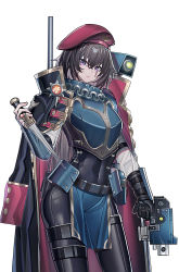 Rule 34 | 1girl, armor, beret, black coat, black hair, breastplate, catsuit, closed mouth, coat, coat on shoulders, covered navel, cowboy shot, crop top, dagger, echj, facial scar, faulds, gauntlets, gun, hat, highres, holding, holding dagger, holding gun, holding knife, holding weapon, knife, long hair, long sleeves, looking at viewer, pelvic curtain, purple eyes, red hat, scar, scar across eye, scar on cheek, scar on face, simple background, solo, standing, tempestor prime, thigh strap, warhammer 40k, weapon, white background