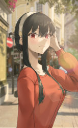 Rule 34 | 1girl, absurdres, arm up, black hair, blurry, blurry background, blush, breasts, building, closed mouth, commentary, day, dress, from side, hairband, highres, lens flare, looking at viewer, michelan, outdoors, people, red eyes, red sweater, road sign, sidelocks, sign, solo focus, spy x family, sweater, sweater dress, upper body, white hairband, window, yor briar