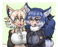 Rule 34 | 2girls, afimaki, animal ears, blazer, blonde hair, blue hair, bow, bowtie, camisole, closed mouth, coyote (kemono friends), dire wolf (kemono friends), extra ears, green background, grey eyes, highres, jacket, kemono friends, kemono friends v project, long hair, microphone, multiple girls, open mouth, ribbon, scarf, short hair, simple background, virtual youtuber, wolf ears, wolf girl