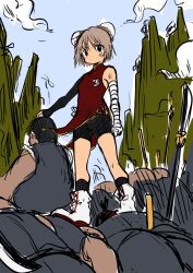 Rule 34 | 1girl, 6+boys, arm wrap, bike shorts, black eyes, black hair, black socks, blue sky, boots, braid, braided bun, bun cover, chimidoroid, china dress, chinese clothes, commentary request, death, double bun, dress, flat color, grey hair, hair bun, highres, multiple boys, original, pile of corpses, planted, planted sword, planted weapon, red dress, serious, single sleeve, sketch, sky, sleeveless, socks, standing, sword, weapon, white footwear