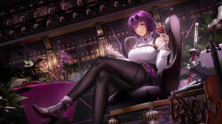 1girl bar_(place) black_pantyhose black_shorts bottle breasts chest_harness commentary crossed_legs cup drinking_glass eyewear_on_head feet foot_out_of_frame glasses harness high-waist_shorts highres honkai:_star_rail honkai_(series) instrument kafka_(honkai:_star_rail) large_breasts legs ling_dianxia long_hair long_sleeves looking_at_viewer on_chair pantyhose pantyhose_under_shorts pince-nez purple_eyes purple_hair round_eyewear shirt shoes shorts solo sunglasses sword thighs violin weapon white_shirt wine_bottle wine_glass