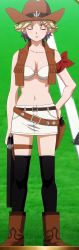 Rule 34 | 10s, 1girl, absurdres, blush, boots, cowboy boots, cowboy hat, earrings, closed eyes, female focus, fringe trim, hat, highres, jewelry, rina tachibana, rio -rainbow gate!-, serious, solo, stitched, super blackjack, thighhighs, third-party edit, cowboy western