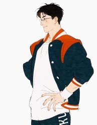 Rule 34 | 1boy, black jacket, brown eyes, brown hair, chengongzi123, commentary, glasses, grin, hands on own hips, highres, jacket, kogure kiminobu, letterman jacket, looking to the side, male focus, rimless eyewear, shirt, short hair, simple background, slam dunk (series), smile, solo, symbol-only commentary, textless version, upper body, very short hair, white background, white shirt
