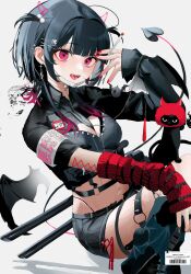 Rule 34 | 1girl, absurdres, aoishi pachira, armband, asymmetrical sleeves, barbell piercing, barcode, bat wings, between breasts, black hair, blunt bangs, blush, breasts, choker, cigarette, cleavage, crop top, cross, cross earrings, demon girl, demon horns, demon tail, ear piercing, earrings, fangs, gradient hair, hair bobbles, hair ornament, hairclip, hand up, highres, holding, holding cigarette, horns, industrial piercing, jewelry, leg warmers, long hair, long sleeves, looking at viewer, medium breasts, midriff, multicolored hair, multiple piercings, nail polish, name tag, navel, navel piercing, necktie, open mouth, original, panty straps, piercing, pink eyes, pink hair, popped collar, short sleeves, shorts, sidelocks, smile, smoking, solo, spiked thighlet, striped arm warmers, studded, tail, thigh strap, translation request, two side up, winged clothes, wings, x hair ornament