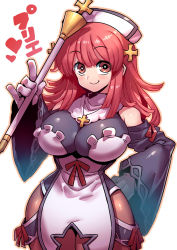 Rule 34 | 1girl, bare shoulders, black pantyhose, breasts, closed mouth, cowboy shot, cross, crucifix, detached sleeves, gloves, highres, hip vent, la pucelle, large breasts, long hair, looking at viewer, nun, pantyhose, pink eyes, pink hair, prier, simple background, smile, solo, staff, tukiwani, white background, white gloves, wide hips