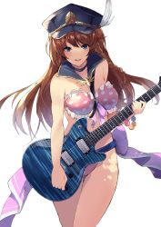 Rule 34 | 10s, 1girl, bad id, bad pixiv id, bead bracelet, beads, bikini, blue eyes, bracelet, braid, breasts, brown hair, cowboy shot, electric guitar, feathers, floating hair, frilled bikini, frills, granblue fantasy, guitar, hat, hat feather, highres, holding, holding instrument, instrument, jewelry, lecia (granblue fantasy), long hair, looking at viewer, medium breasts, open mouth, peaked cap, pink bikini, police hat, polka dot, simple background, smile, solo, swimsuit, ultone (neisiss), white background