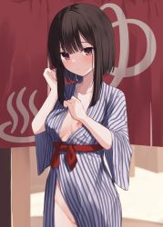 Rule 34 | 1girl, absurdres, bath yukata, black hair, blush, breasts, brown eyes, closed mouth, collarbone, commentary request, hands up, highres, japanese clothes, kimono, long sleeves, looking at viewer, memekko, nipples, onsen symbol, original, small breasts, solo, striped clothes, striped kimono, vertical-striped clothes, vertical-striped kimono, wide sleeves, yukata