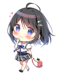 Rule 34 | 1girl, ahoge, bag, black hair, blue bow, blush, bow, chibi, closed mouth, collared shirt, commentary request, fortissimo, frilled shirt collar, frills, full body, grey skirt, hair between eyes, hair ornament, hairclip, handbag, heart, holding, holding bag, looking at viewer, musical note, musical note hair ornament, original, pan (mimi), pleated skirt, puffy short sleeves, puffy sleeves, purple eyes, shirt, short sleeves, simple background, skirt, smile, solo, treble clef, walking, white background, white shirt