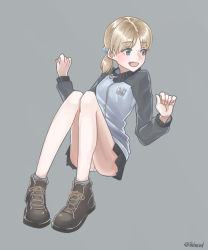 Rule 34 | 10s, 1girl, :d, aki (girls und panzer), ankle boots, bad id, bad pixiv id, blue footwear, blue jacket, blue skirt, boots, cross-laced footwear, emblem, full body, girls und panzer, green eyes, grey background, grey socks, hair tie, highres, invisible chair, jacket, keizoku military uniform, legs, light brown hair, long sleeves, looking to the side, military, military uniform, miniskirt, open mouth, panties, pants, pantyshot, pleated skirt, raglan sleeves, roivas, short hair, short twintails, simple background, sitting, skirt, smile, socks, solo, track jacket, twintails, twitter username, underwear, uniform, w arms, white pants