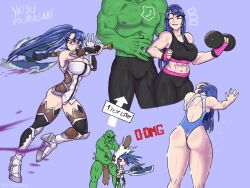 Rule 34 | 1girl, alternate costume, ass, axe, battle axe, blue hair, breasts, gym uniform, highres, hime cut, holding, holding weapon, large breasts, long hair, multiple views, official alternate costume, one-piece swimsuit, orc, ponytail, sportswear, swimsuit, taimanin (series), taimanin asagi, taimanin murasaki, taimanin suit, very long hair, weapon, wet, yatsu murasaki