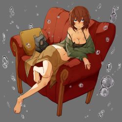 Rule 34 | 1girl, armchair, bare shoulders, blanket, blue eyes, bottomless, breasts, brown hair, chair, cleavage, collarbone, cushion, full body, gas mask, grey background, leaning to the side, looking at viewer, mask, unworn mask, nail polish, navel, ninjunker, off shoulder, original, short hair, simple background, sitting, solo, toenail polish, toenails, underwear, water, water drop