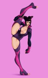 Rule 34 | 1girl, absurdres, biker clothes, bikesuit, black hair, bodysuit, breasts, cleavage, covered navel, eyepatch, fingerless gloves, full body, gloves, hair horns, han juri, highres, impossible clothes, large breasts, leg up, mortificent, multicolored hair, nail polish, pink background, purple eyes, smile, solo, street fighter, street fighter v, toeless legwear, tongue, tongue out