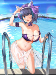 Rule 34 | 1girl, ;d, absurdres, animal ears, aqua eyes, arm strap, arm up, armpits, azur lane, bare shoulders, bikini, bikini top only, blue sky, blush, breasts, cheshire (azur lane), cheshire (summery date!) (azur lane), cleavage, collarbone, commentary, cowboy shot, day, fake animal ears, fang, frills, grey hair, groin, highres, large breasts, lemontea (ekvr5838), long ribbon, looking at viewer, multicolored hair, navel, no panties, ocean, one eye closed, open mouth, outdoors, pool, pool ladder, purple bikini, ribbon, sarong, see-through, shadow, short hair, sidelocks, skin fang, sky, smile, solo, standing, stomach, strapless, strapless bikini, streaked hair, swimsuit, water, water drop, wet, wet clothes, wrist ribbon