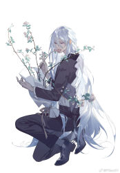 Rule 34 | 1boy, black footwear, black jacket, black pants, black socks, bouquet, branch, cael anselm, covered mouth, cropped jacket, cross-laced footwear, flower, from side, full body, grey vest, hair between eyes, half-closed eyes, highres, holding, holding bouquet, jacket, leaf, long bangs, long hair, long sleeves, looking at flowers, looking to the side, lovebrush chronicles, male focus, on one knee, pants, pink flower, psd (psdgai), purple eyes, shirt, shoes, simple background, socks, solo, very long hair, vest, weibo logo, weibo watermark, white background, white hair, white shirt
