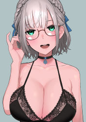 Rule 34 | 1girl, absurdres, adjusting hair, blush, bra, braid, breasts, choker, cleavage, crown braid, glasses, green eyes, grey hair, highres, hololive, lace, lace-trimmed bra, lace trim, large breasts, mole, mole on breast, open mouth, shirogane noel, snowflake choker, solo, underwear, virtual youtuber