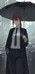 Rule 34 | 1girl, absurdres, black jacket, black necktie, black pants, braid, braided ponytail, breasts, chainsaw man, closed mouth, coat, collared shirt, cowboy shot, dress shirt, formal, hair between eyes, hand in pocket, highres, holding, holding umbrella, jacket, long hair, long sleeves, looking at viewer, makima (chainsaw man), modare, necktie, open clothes, open jacket, outdoors, pants, rain, red hair, ringed eyes, shirt, solo, standing, suit, umbrella, white shirt, yellow eyes