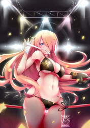 Rule 34 | 1girl, artist logo, artist name, bad id, bad pixiv id, bandages, bikini, black bikini, blonde hair, blue eyes, blush, boxer, boxing gloves, boxing ring, breasts, camera flash, cleavage, commentary, commission, covered erect nipples, curvy, gainoob, gold trim, hair over one eye, large breasts, light rays, long hair, looking at viewer, navel, original, side-tie bikini bottom, solo, standing, swimsuit, thigh gap, thighs, wide hips