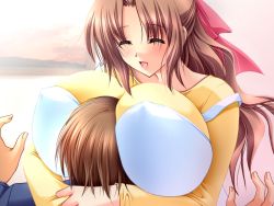 Rule 34 | 1boy, 1girl, blush, bow, breast smother, breasts, brown hair, covered erect nipples, closed eyes, face to breasts, game cg, hair bow, hetero, hitorijime!, huge breasts, long hair, mochida harue, non-web source, open mouth, soft prison, solo focus