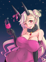 Rule 34 | 1girl, ;), black gloves, blush, borrowed character, breasts, character request, cleavage, covered navel, cup, curvy, dress, drinking glass, elbow gloves, feather boa, female focus, gloves, gradient background, horn ornament, horn ribbon, horns, large breasts, long hair, one eye closed, one side up, original, red eyes, ribbon, shou (katsudonhitotsu), smile, solo, strapless, strapless dress, white hair, wine glass