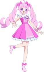 Rule 34 | 1girl, :d, ahoge, aozora himari, boots, bow, dress, drill hair, full body, hair bow, high heel boots, high heels, highres, himitsu no aipri, looking at viewer, official art, open mouth, pink bow, pink dress, pink footwear, pink hair, pretty series, purple bow, purple eyes, reaching, reaching towards viewer, second-party source, smile, solo, standing, standing on one leg, twin drills, twintails, watch, wristwatch