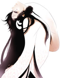 Rule 34 | 1girl, alternate hair color, arched back, arrancar, black hair, bleach, cyan sung-sun, expressionless, eyelashes, facial mark, long hair, purple eyes, simple background, sleeves past wrists, solo, very long hair, white background, youda