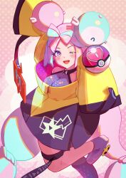 Rule 34 | 1girl, bare shoulders, black jacket, blue hair, blush, bow-shaped hair, breasts, cellphone, character hair ornament, commentary, creatures (company), double bun, game freak, gbbgb321, gen 1 pokemon, gen 4 pokemon, gym leader, hair bun, hair ornament, highres, holding, holding poke ball, iono (pokemon), jacket, looking at viewer, magnemite, medium breasts, multicolored clothes, multicolored hair, multicolored jacket, nintendo, one eye closed, open mouth, oversized clothes, phone, pink eyes, pink hair, poke ball, pokemon, pokemon (creature), pokemon sv, rotom, rotom phone, sharp teeth, sleeves past fingers, sleeves past wrists, solo, split-color hair, standing, standing on one leg, teeth, two-tone hair, two-tone jacket, yellow jacket