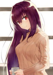 Rule 34 | 1girl, blush, cup, fate/grand order, fate (series), hair intakes, highres, holding, holding cup, long hair, looking at viewer, m kong, mug, purple hair, red eyes, ribbed sweater, scathach (fate), scathach (fate), sweater, very long hair, window