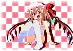 Rule 34 | 1girl, blonde hair, braid, cameltoe, checkered background, embodiment of scarlet devil, fang, feet, female focus, flandre scarlet, hat, leg up, nigo (aozoragarou), no shoes, open mouth, panties, panties only, red eyes, short hair, side braid, sitting, soles, solo, striped clothes, striped panties, thighhighs, toes, topless, touhou, underwear, underwear only, white thighhighs, wings
