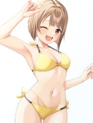 Rule 34 | 1girl, absurdres, asymmetrical hair, bikini, bob cut, breasts, brown hair, cleavage, cowboy shot, highres, looking at viewer, love live!, love live! nijigasaki high school idol club, medium breasts, nakasu kasumi, red eyes, samesuke (315samesuke), short hair, simple background, smile, solo, standing, swimsuit, upper body, white background, yellow bikini