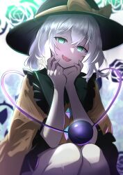 Rule 34 | absurdres, black hat, bow, buttons, collared shirt, diamond button, frilled shirt collar, frills, green eyes, grey hair, hands on own face, hat, hat bow, highres, knees, komeiji koishi, looking at viewer, open mouth, rinkaito1231, shirt, smile, third eye, touhou, wide sleeves, yellow bow, yellow shirt