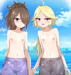 Rule 34 | 2girls, ahoge, artist request, beach, black male swimwear, black swim trunks, blonde hair, blue male swimwear, blue sky, blue swim trunks, blurry, blurry background, blush, breasts, brown hair, cowboy shot, crossdressing, day, female focus, hand grab, highres, kazama levy, long hair, looking at viewer, male swimwear, male swimwear challenge, medium hair, multiple girls, navel, nipples, ocean, open mouth, outdoors, pink eyes, purple male swimwear, sand, shiny skin, sky, small breasts, smile, source request, swim trunks, swimsuit, topless, trinity seven, water, yamana mira
