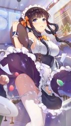 Rule 34 | 1girl, alternate costume, artist request, bare shoulders, black hair, bow, bowtie, breasts, cupcake, detached sleeves, dress, enmaided, food, frilled dress, frills, girl cafe gun, hair bow, hair rings, highres, holding, kikuri yuki, long hair, looking at viewer, macaron, maid, maid headdress, medium breasts, official art, open mouth, panties, panty peek, plant, plate, potted plant, purple eyes, sidelocks, solo, thighhighs, tray, underbust, underwear, white dress, white panties, white thighhighs, wind, wind lift, wrist cuffs