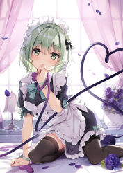 Rule 34 | 1girl, alternate costume, apron, aqua bow, aqua bowtie, aqua ribbon, arm support, black dress, black thighhighs, blush, bow, bowtie, breasts, commentary request, curtains, dress, enmaided, flower, frilled apron, frills, green eyes, green hair, hair between eyes, hand up, head tilt, heart, heart of string, indoors, kneeling, komeiji koishi, lamp, looking at viewer, maid, maid apron, maid headdress, medium breasts, miyase mahiro, petals, petticoat, puffy short sleeves, puffy sleeves, purple flower, purple rose, ribbon, rose, rose petals, short dress, short hair, short sleeves, solo, thighhighs, touhou, window, wrist ribbon