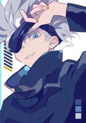 Rule 34 | 1boy, auko, black jacket, blindfold, blindfold lift, blue eyes, color guide, colored eyelashes, commentary request, gojou satoru, grey hair, grin, highres, jacket, jujutsu kaisen, looking at viewer, male focus, short hair, signature, simple background, smile, solo, upper body, white background