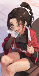 Rule 34 | 1girl, absurdres, black hair, black shirt, black shorts, blue archive, blush, breasts, dark-skinned female, dark skin, feet out of frame, gubbi on, hair ribbon, halo, highres, japanese clothes, long hair, long sleeves, looking at viewer, open mouth, pink halo, ponytail, ribbon, rickshaw student (blue archive), shirt, shorts, sitting, small breasts, smile, solo, sweat, towel, towel around neck, white ribbon, white towel, yellow eyes