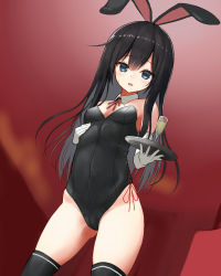 Rule 34 | 1boy, 1girl, alternate costume, animal ears, asashio (kancolle), bare shoulders, black hair, black leotard, black thighhighs, blue eyes, blurry, blurry background, blush, breasts, champagne flute, covered navel, cup, detached collar, drinking glass, elbow gloves, fake animal ears, gloves, gluteal fold, holding, holding tray, indoors, kantai collection, kuronaga, leotard, looking at viewer, looking back, playboy bunny, rabbit ears, red ribbon, ribbon, side-tie leotard, small breasts, smile, solo, straight hair, strapless, strapless leotard, sweat, thighhighs, tray, white gloves