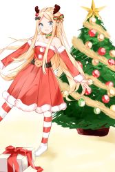 Rule 34 | 1girl, :d, abigail williams (fate), absurdres, antlers, bare shoulders, bell, black bow, blonde hair, blue eyes, blush, bow, box, braid, choker, christmas, christmas ornaments, christmas tree, collarbone, commentary request, detached sleeves, dress, fake antlers, fate/grand order, fate (series), feet out of frame, fur-trimmed dress, fur-trimmed sleeves, fur trim, gift, gift box, green choker, hair bow, highres, horns, long hair, long sleeves, looking at viewer, neck bell, open mouth, pantyhose, parted bangs, pleated dress, polka dot, polka dot bow, red bow, red dress, red sleeves, reindeer antlers, single braid, smile, solo, standing, standing on one leg, striped clothes, striped pantyhose, very long hair, yukaa