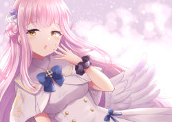 Rule 34 | 1girl, blue archive, blue bow, blush, bow, breasts, buttons, dress, hair ornament, half-closed eyes, hand on own face, inui nagi, long hair, looking at viewer, low wings, medium breasts, mika (blue archive), open mouth, pink hair, scrunchie, solo, white dress, white wings, wings, wrist scrunchie, yellow eyes