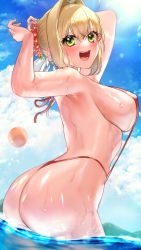 Rule 34 | 1girl, :d, absurdres, ahoge, arms behind head, arms up, ass, ball, bare arms, beachball, bikini, blonde hair, blue sky, blush, braid, breasts, cloud, cloudy sky, cowboy shot, day, fate/extra, fate (series), flower, french braid, green eyes, hair between eyes, hair bun, hair flower, hair intakes, hair ornament, highres, large breasts, looking at viewer, looking back, nero claudius (fate), nero claudius (fate) (all), nero claudius (fate/extra), open mouth, outdoors, red bikini, red flower, single hair bun, sky, smile, solo, standing, sun, swimsuit, thong bikini, wading, wet, yayoi maka