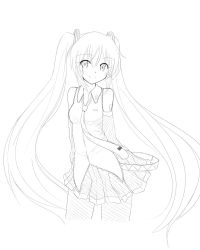 Rule 34 | 1girl, arms behind back, bad id, bad pixiv id, greyscale, hatsune miku, highres, kazenoko, long hair, monochrome, necktie, simple background, skirt, smile, solo, twintails, very long hair, vocaloid, white background