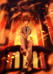 Rule 34 | 1boy, absurdres, arm support, belt buckle, black necktie, brown eyes, brown footwear, brown hair, buckle, building, closed mouth, collar, collared shirt, fire, formal, full body, hand on own leg, highres, jacket, katekyo hitman reborn!, long sleeves, looking at viewer, male focus, necktie, on railing, pants, railing, sawada tsunayoshi, shirt, shoes, short hair, sitting, smirk, solo, spiked hair, suit, white jacket, white pants, white shirt, wuhuohuohuo