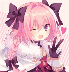 Rule 34 | 1boy, ;d, astolfo (fate), bad id, bad pixiv id, blush, braid, cape, commentary request, fang, fate/apocrypha, fate (series), fur-trimmed cape, fur trim, gloves, hair ribbon, heart, looking at viewer, male focus, one eye closed, open mouth, pink hair, purple eyes, ribbon, single braid, smile, solo, trap, v, yuyuyasds