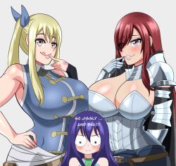 Rule 34 | 3girls, arm behind back, armor, bare shoulders, black hair, blonde hair, blue hair, breast envy, breast press, breasts, brown eyes, cleavage, erza scarlet, eye visible through hair, fairy tail, finger to mouth, hair between eyes, hair over one eye, hand on own hip, hand on own hip, hand tattoo, highres, large breasts, lips, long hair, lucy heartfilia, multiple girls, pink lips, red hair, shoulder pads, side ponytail, simple background, tattoo, tattoo on hand, teasing, thick lips, tongue, tongue out, wendy marvell