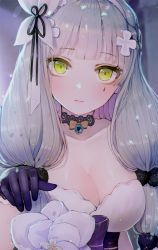 Rule 34 | 1girl, bad id, bad twitter id, black gloves, black ribbon, blunt bangs, blush, breasts, choker, church, cleavage, close-up, closed mouth, collarbone, colored eyelashes, confetti, dress, eyelashes, eyeshadow, gem, girls&#039; frontline, gloves, green eyes, hairband, hanato (seonoaiko), hand up, hk416 (girls&#039; frontline), hk416 (starry cocoon) (girls&#039; frontline), indoors, lace, lace choker, large breasts, layered dress, lens flare, light brown hair, light particles, long hair, looking at viewer, makeup, multi-tied hair, official alternate costume, ribbon, silver hair, smile, solo, teardrop, upper body, very long hair, white hairband, window