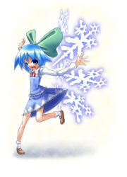 Rule 34 | 1girl, blue eyes, blue hair, bow, cirno, fang, full body, hair bow, kuresento, large bow, matching hair/eyes, ribbon, shoot the bullet, short hair, solo, standing, standing on one leg, touhou, wings