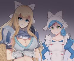 Rule 34 | 2girls, angry, blonde hair, blue eyes, blue hair, blush, braid, braided ponytail, breast hold, breasts, charlotte (fire emblem), cleavage, crossed arms, fire emblem, fire emblem fates, hands on own hips, highres, large breasts, lilith (fire emblem), long hair, looking at viewer, multiple girls, navel, nintendo, pointy ears, ponytail, shaded face, slit pupils, teeth, yellow eyes