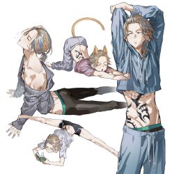 Rule 34 | 1boy, absurdres, animal ears, arms up, back tattoo, bangs pinned back, black pants, blonde hair, blue hoodie, blue pants, book, cat ears, cat tail, chamuring, chest tattoo, cropped hoodie, dolphin shorts, from above, from side, full body, grey pants, grey sweater, haitani rindou, hands on floor, highres, holding, holding book, hood, hoodie, leaning forward, long sleeves, lying, male focus, medium hair, multicolored hair, multiple views, on stomach, pants, parted lips, purple eyes, shirt, short ponytail, short sleeves, shorts, simple background, single bare shoulder, solo, spread legs, stomach tattoo, streaked hair, stretching, sweater, sweatpants, tail, tattoo, tokyo revengers, top-down bottom-up, upper body, white shirt