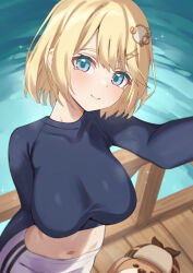 Rule 34 | 1girl, blonde hair, blue eyes, breasts, bubba (watson amelia), highres, hololive, hololive english, kangbus, large breasts, long sleeves, looking at viewer, medium hair, smile, solo, virtual youtuber, watson amelia