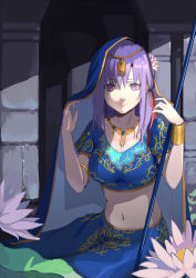 Rule 34 | 1girl, bracelet, fate/grand order, fate (series), flower, hair flower, hair ornament, hair ribbon, highres, indian clothes, jewelry, long skirt, lotus, matou sakura, midriff, navel, necklace, parvati (fate), polearm, purple eyes, purple hair, ribbon, skirt, solo, spear, weapon